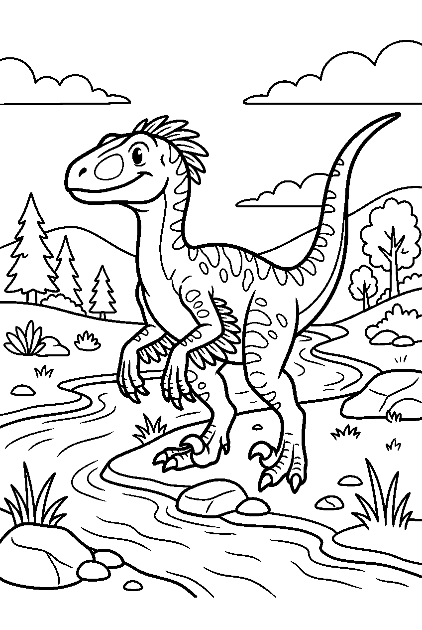 dinosaur velociraptor standing in river valley line art