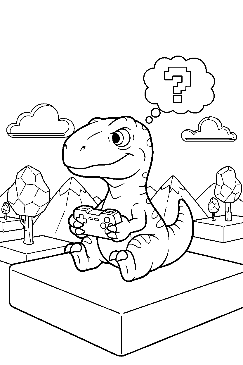 dinosaur velociraptor thinking in game world line art