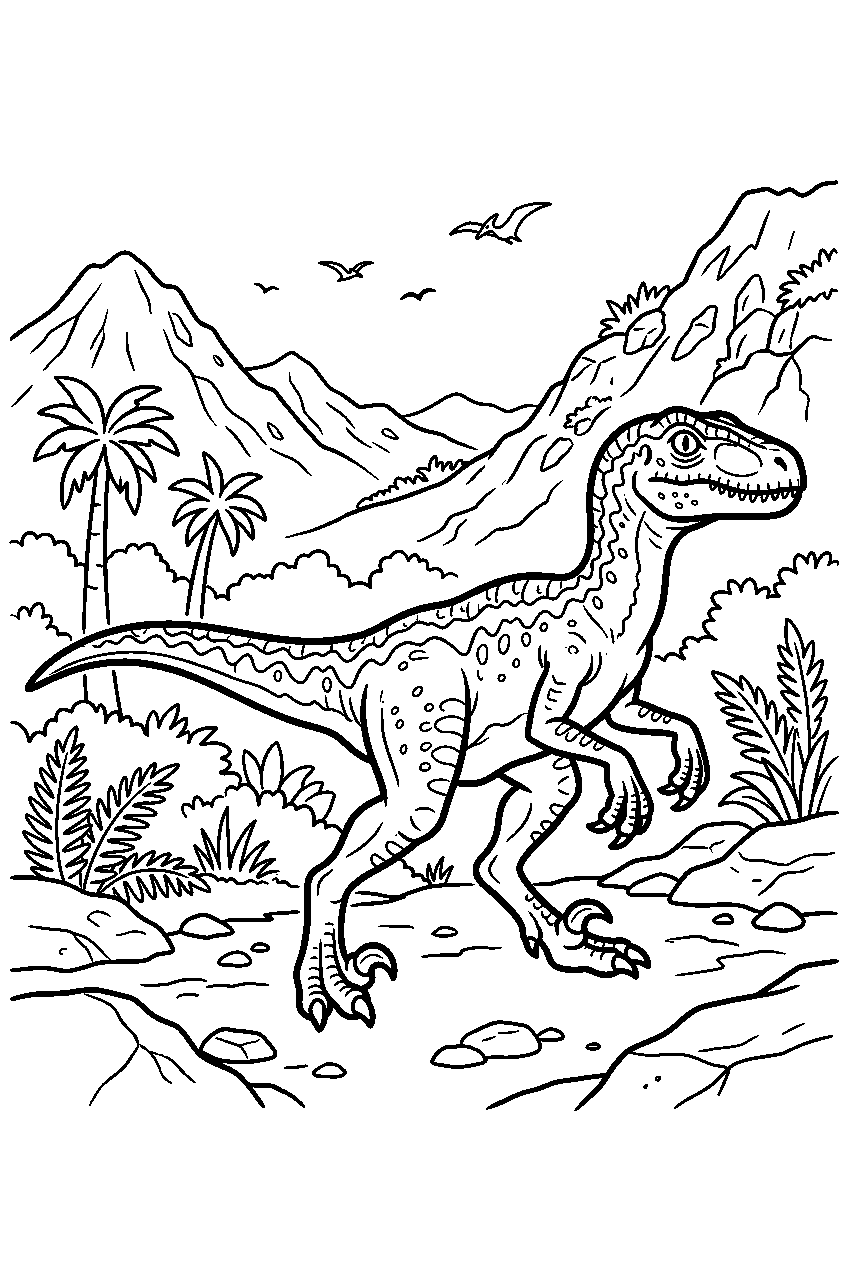 dinosaur velociraptor walking in lost world valley line art