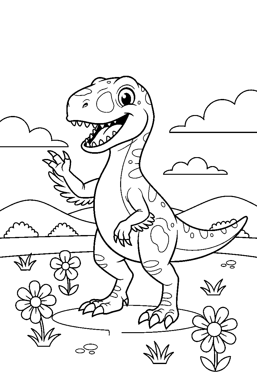 dinosaur velociraptor waving in meadow line art