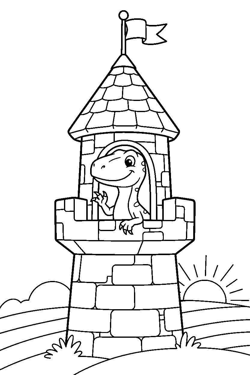 dinosaur velociraptor waving in tower line art