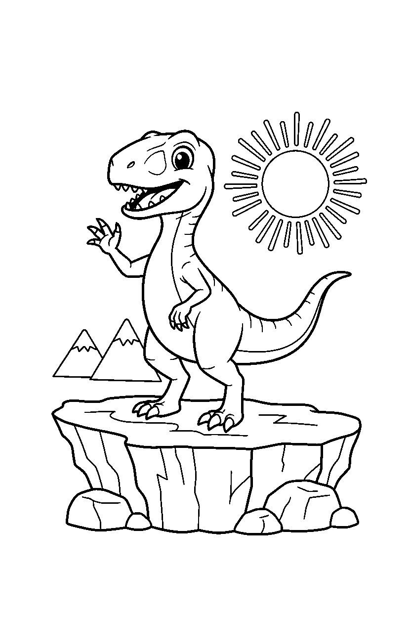 dinosaur velociraptor waving on cliff line art