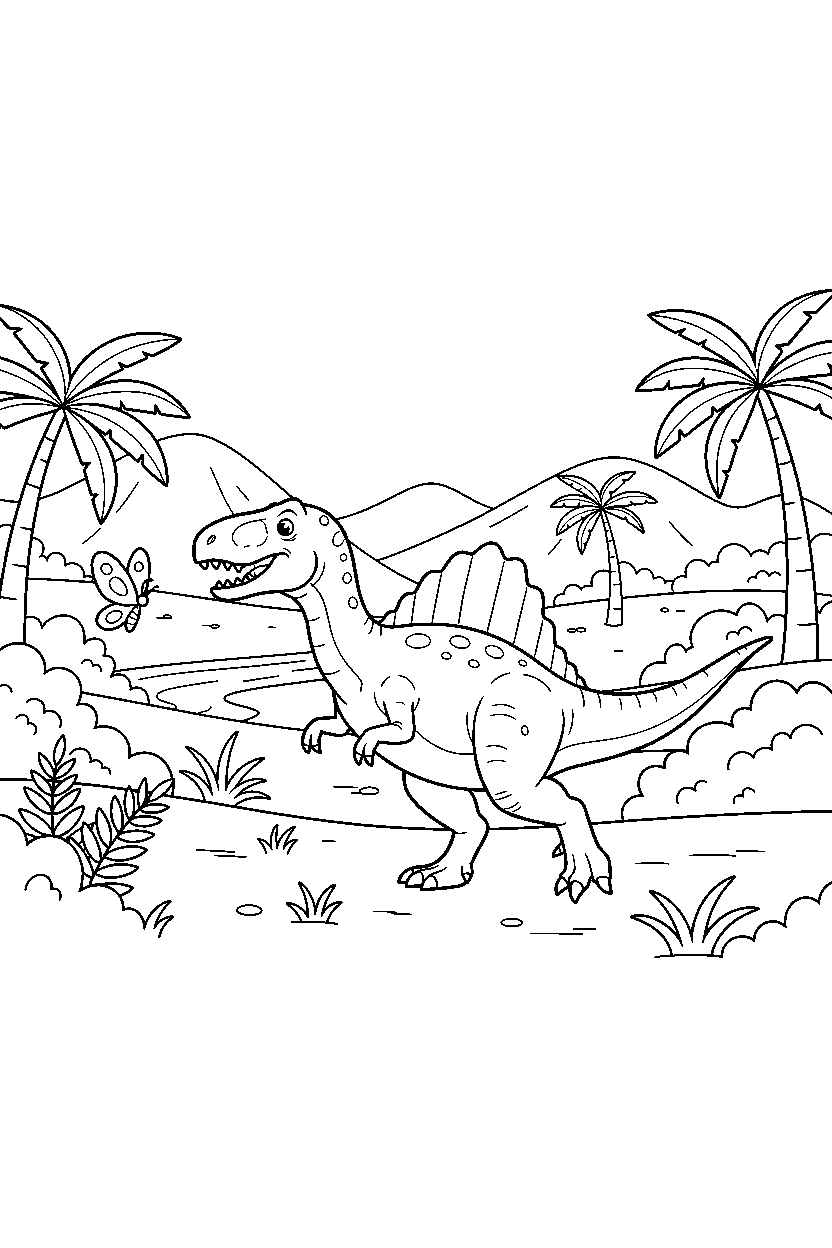 acrocanthosaurus chasing a butterfly in a lush valley line art