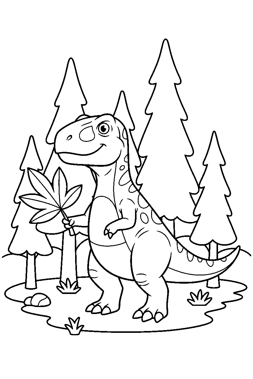 acrocanthosaurus dinosaur holding a leaf in a pine forest line art