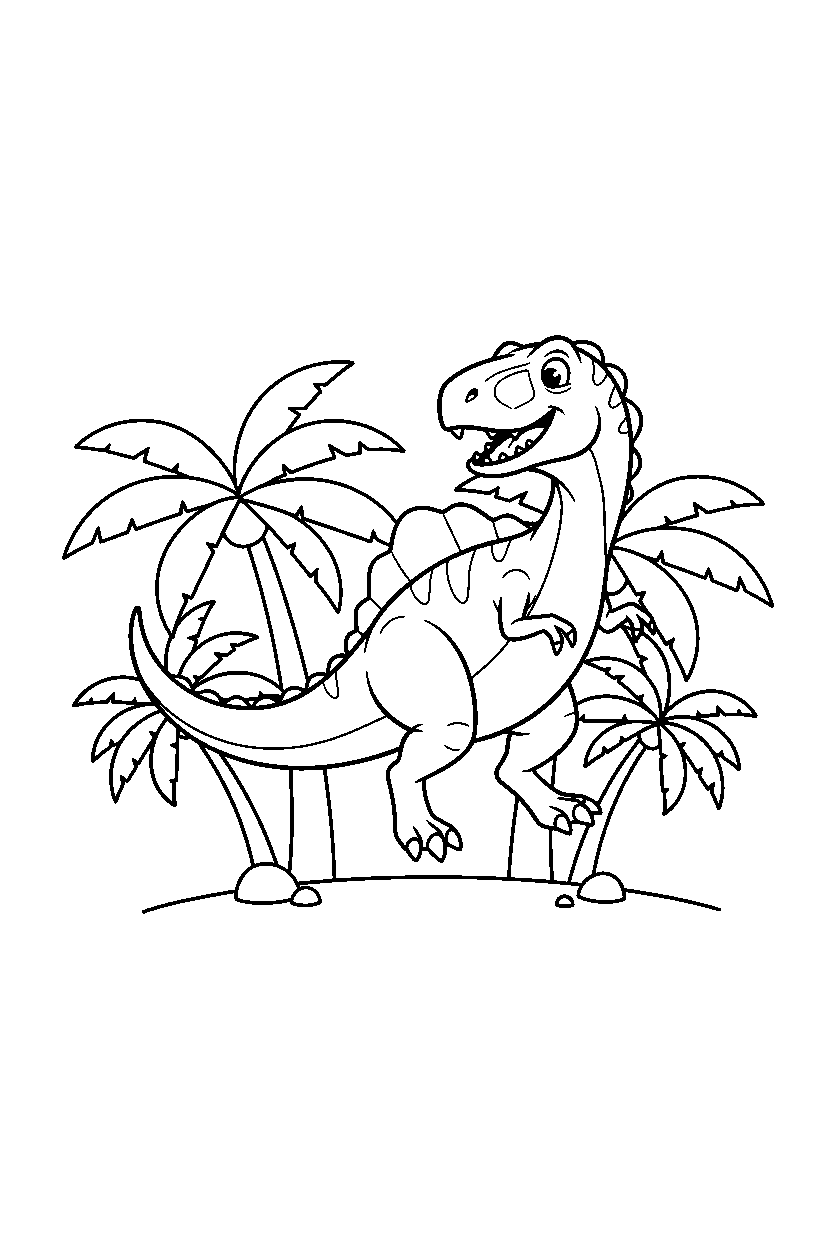 acrocanthosaurus dinosaur jumping playfully in a palm grove line art