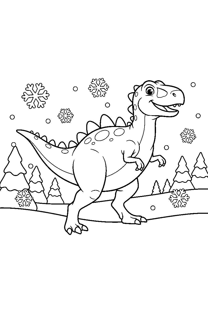 acrocanthosaurus dinosaur marching playfully in a snowy land line art