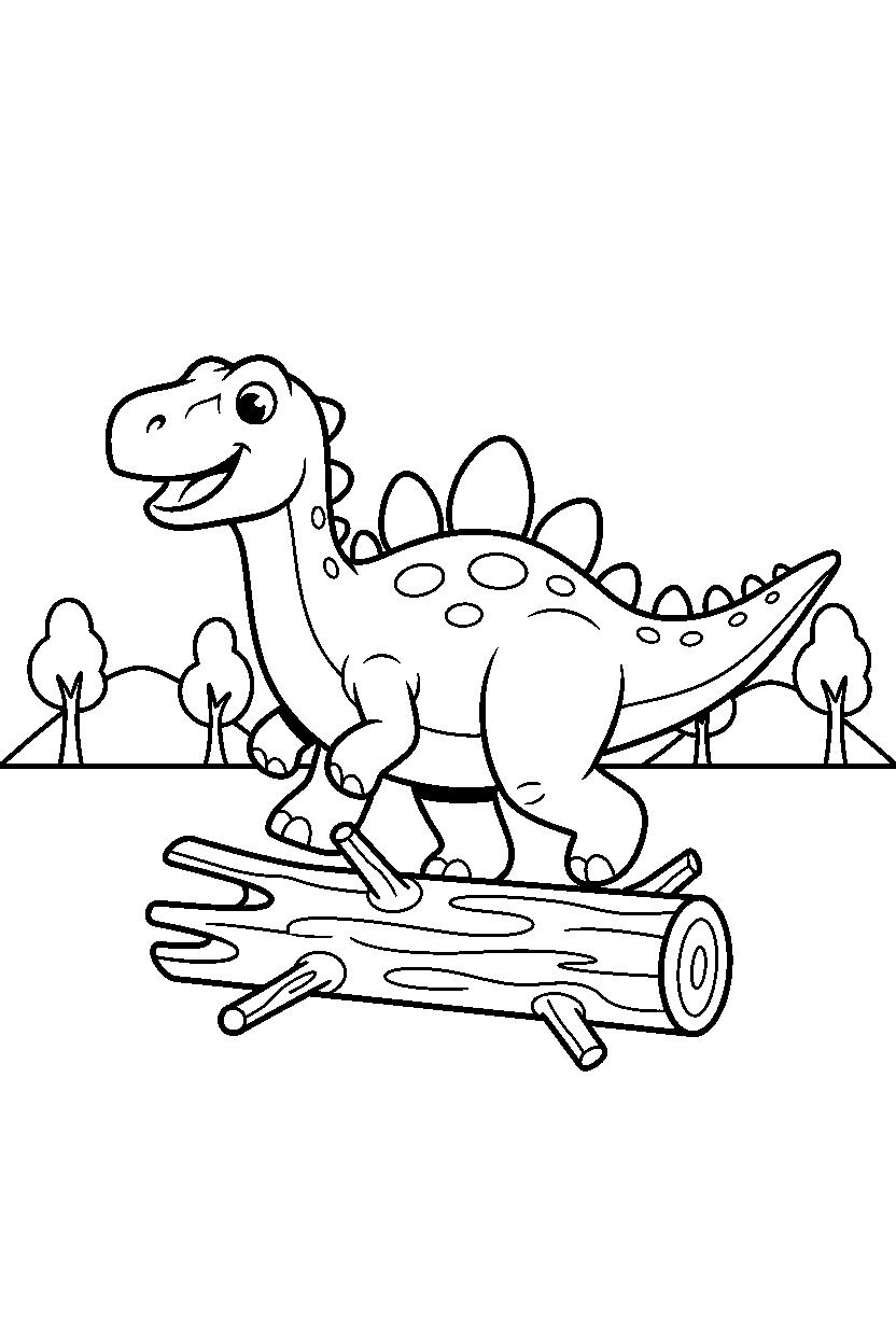 acrocanthosaurus dinosaur walking happily near a fallen log line art