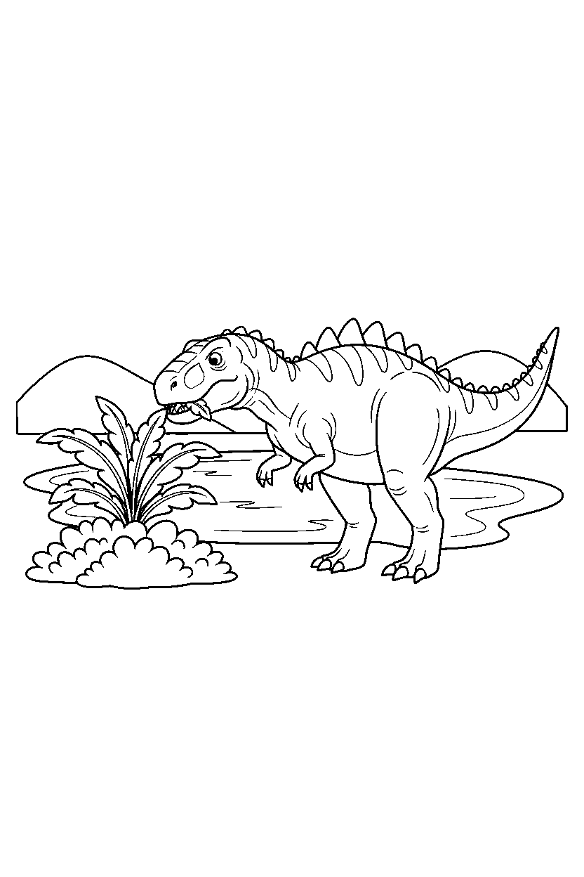 acrocanthosaurus eating a plant by a lake line art