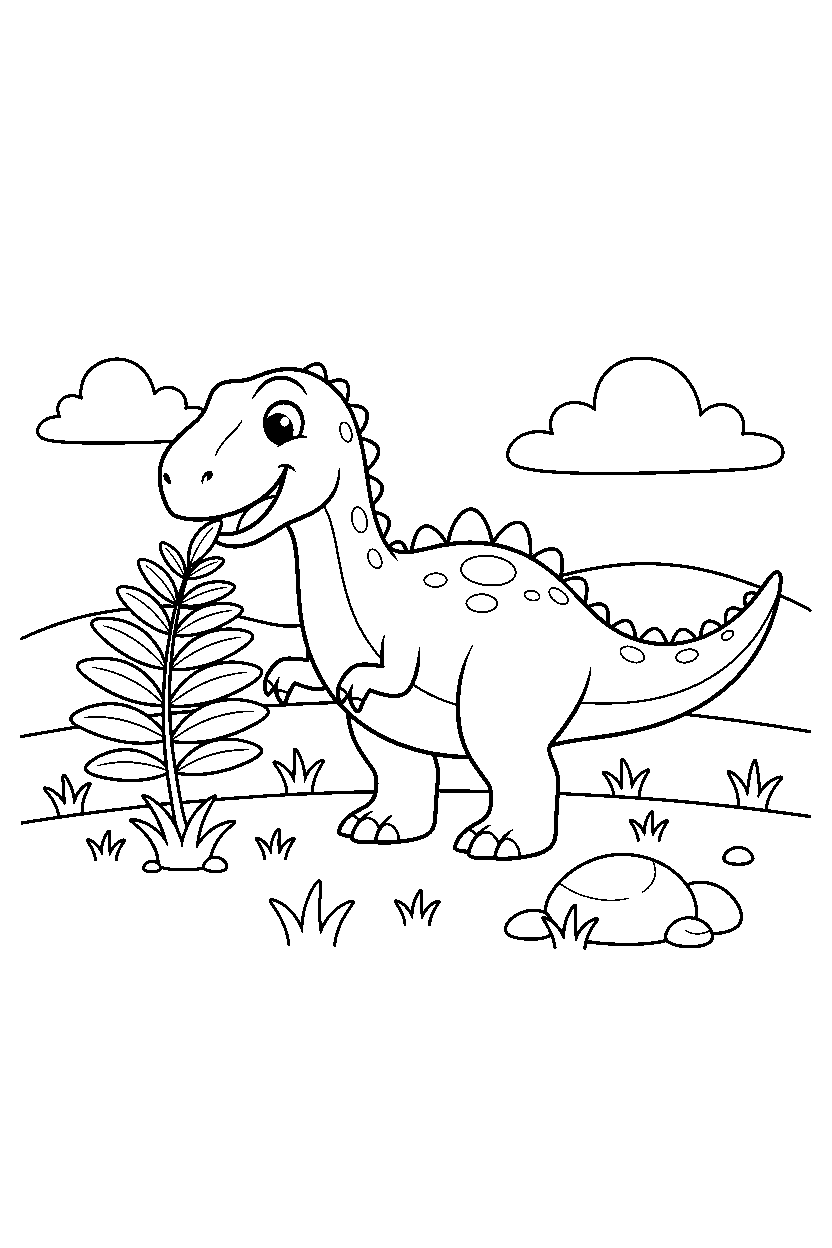 acrocanthosaurus eating a plant on a grassy plain line art