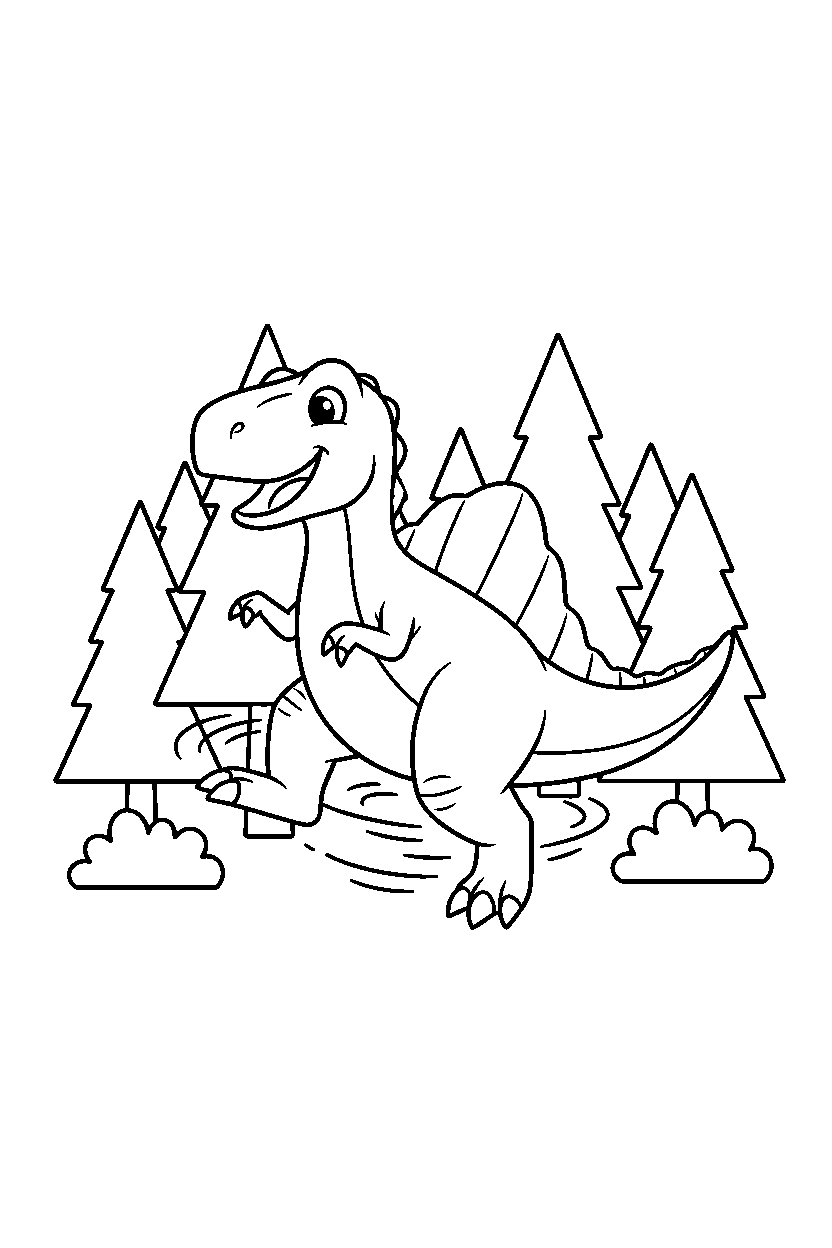 acrocanthosaurus spinning playfully in a pine forest line art