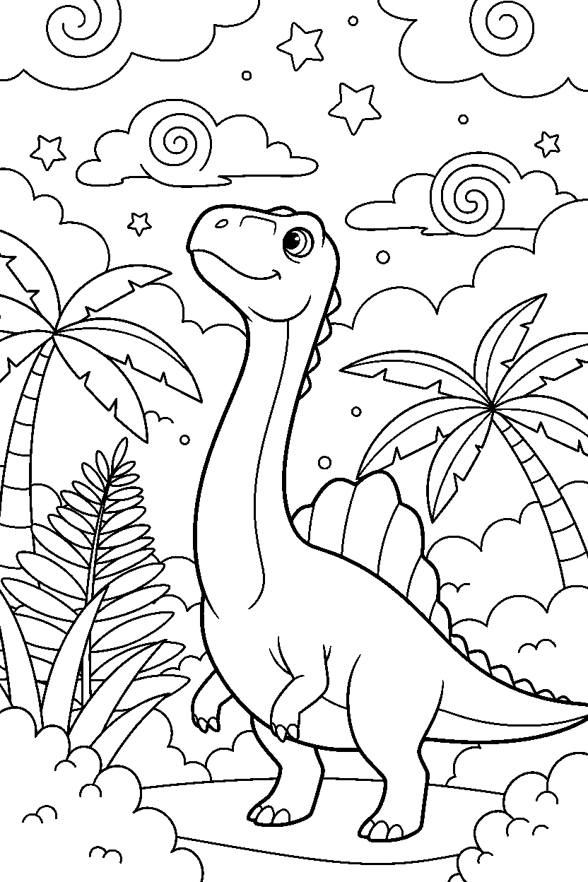 acrocanthosaurus watching the sky in a prehistoric jungle line art
