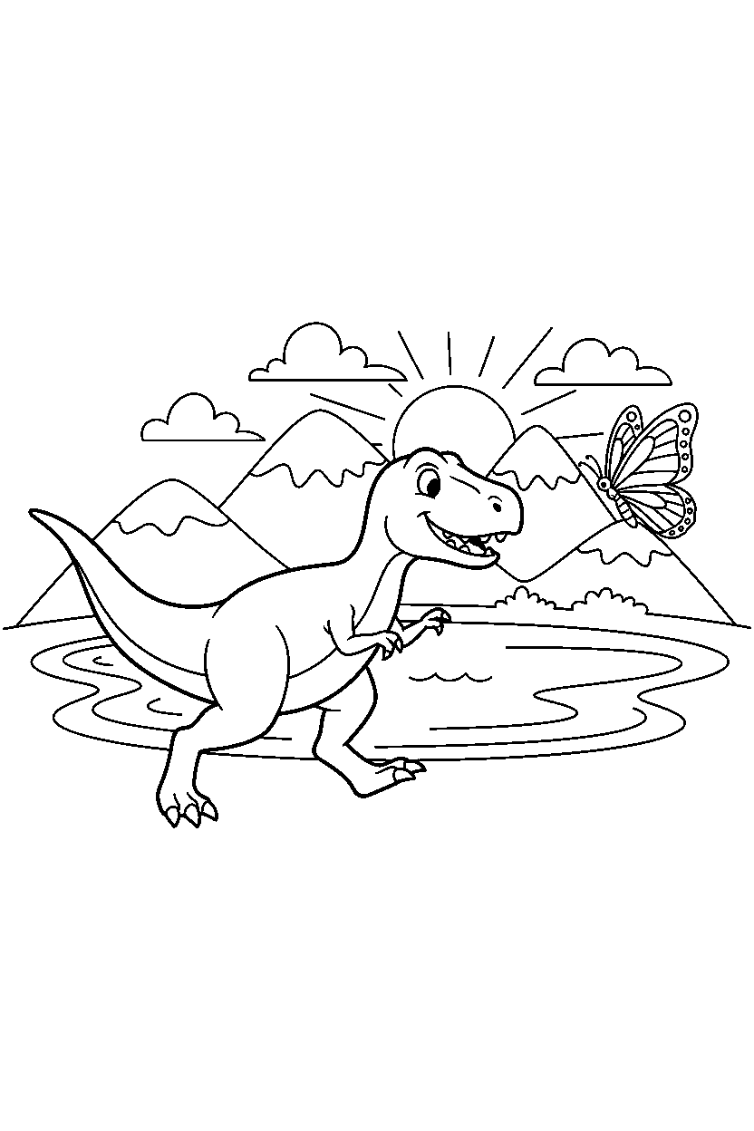 albertosaurus chasing a butterfly near a mountain lake line art