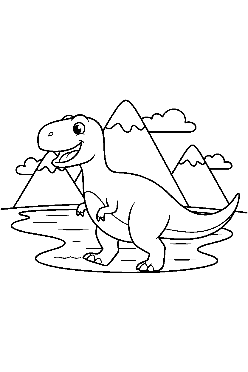 albertosaurus dinosaur walking happily near a mountain lake line art