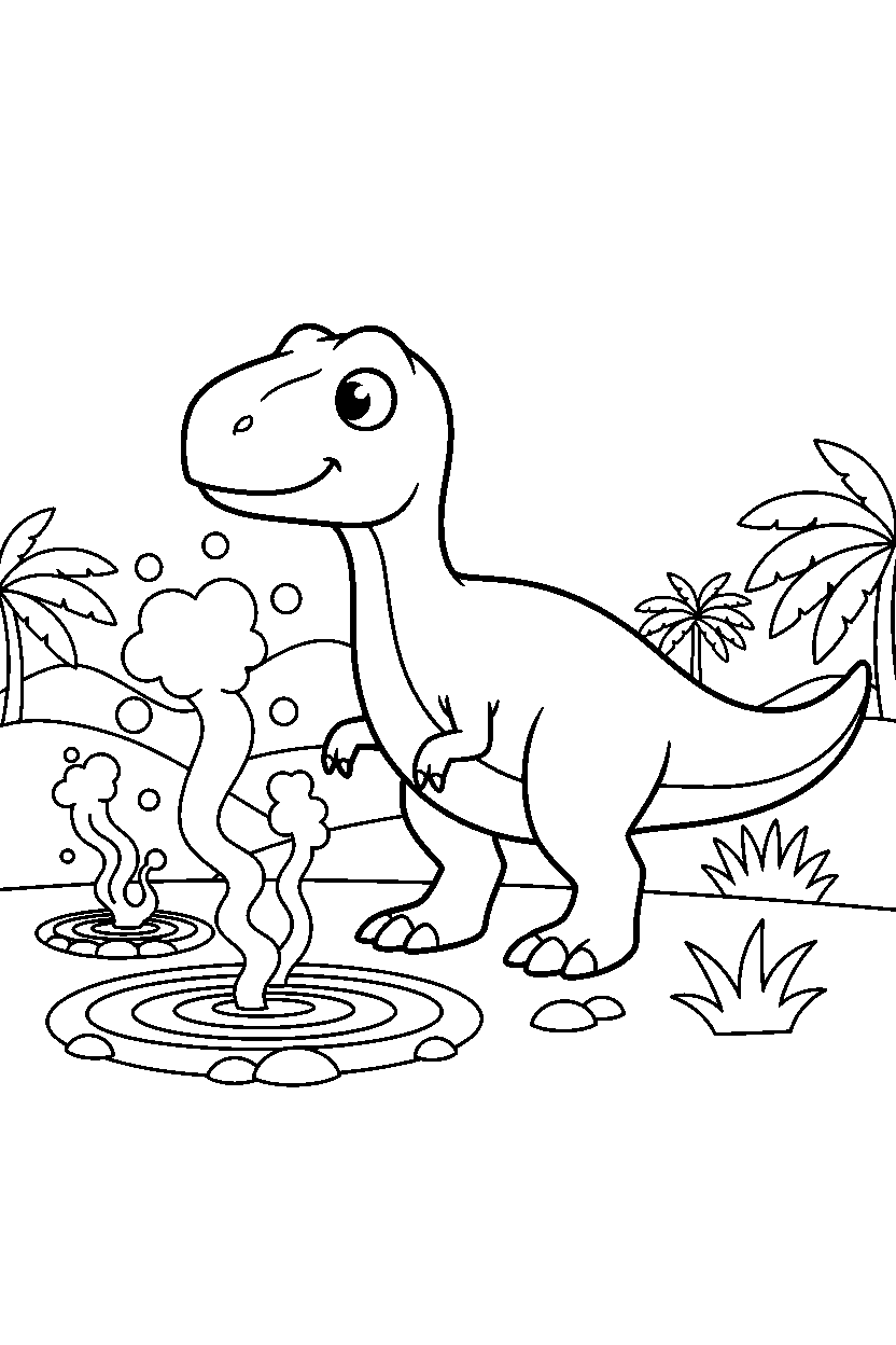 albertosaurus looking around curiously near hot springs line art