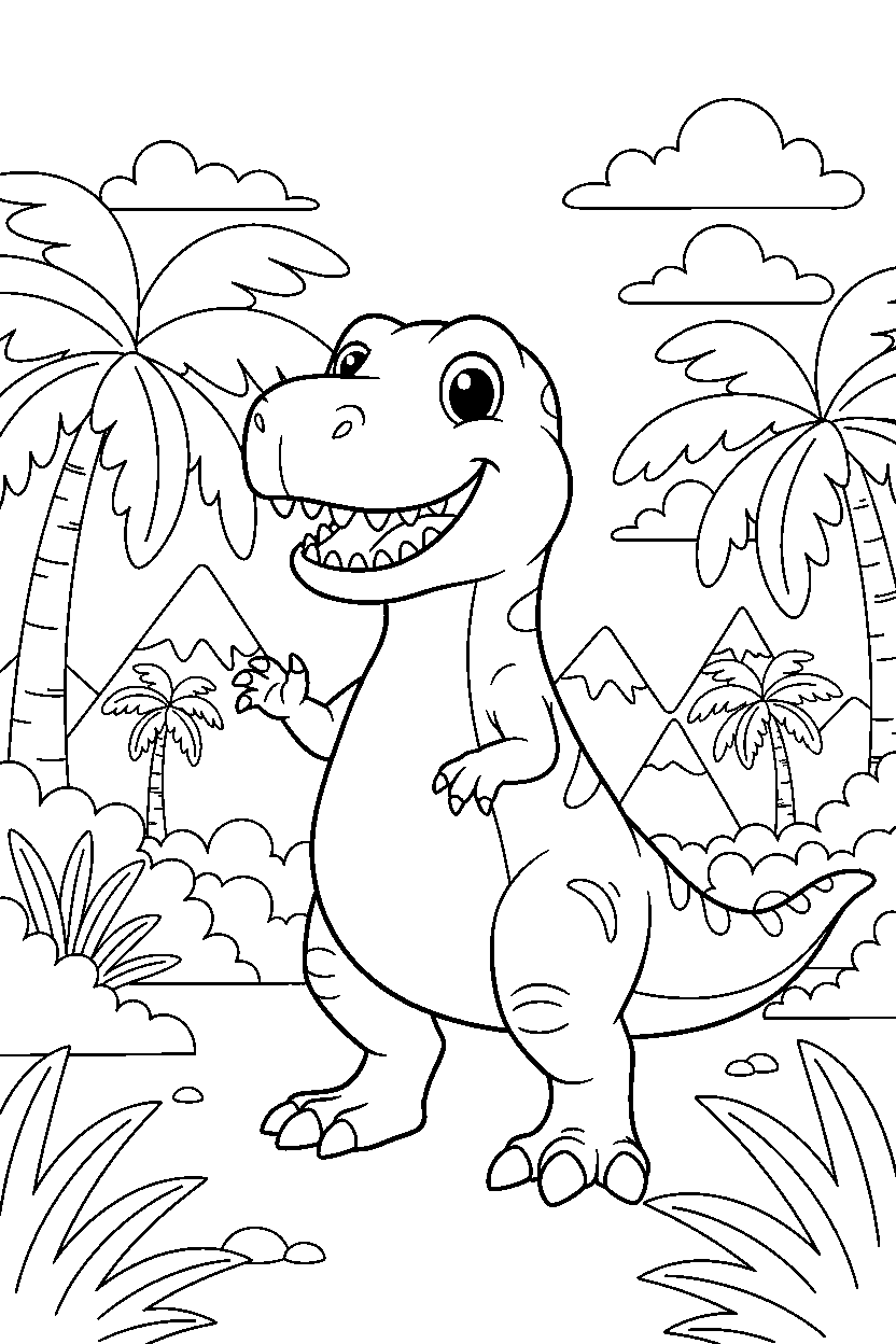 albertosaurus posing happily in a lush valley line art