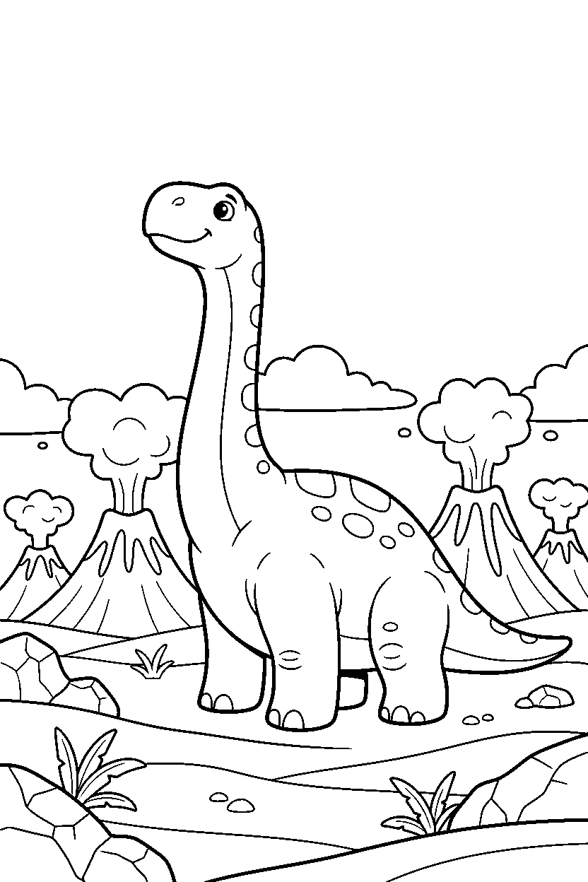albertosaurus watching the sky near a volcanic field line art