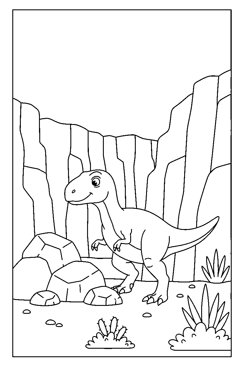 allosaurus dinosaur exploring curiously near a rocky canyon line art