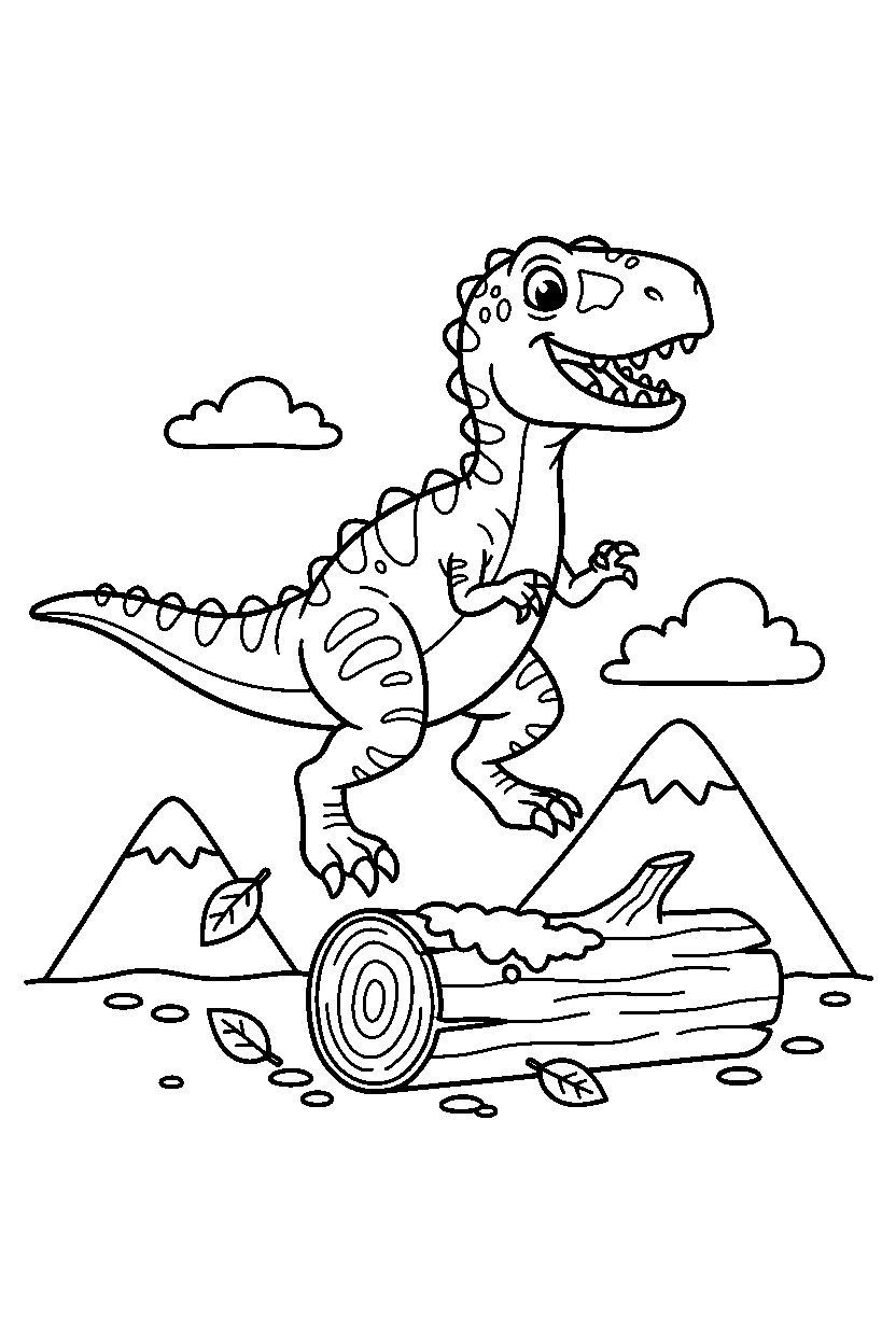 allosaurus dinosaur jumping playfully near a fallen log line art