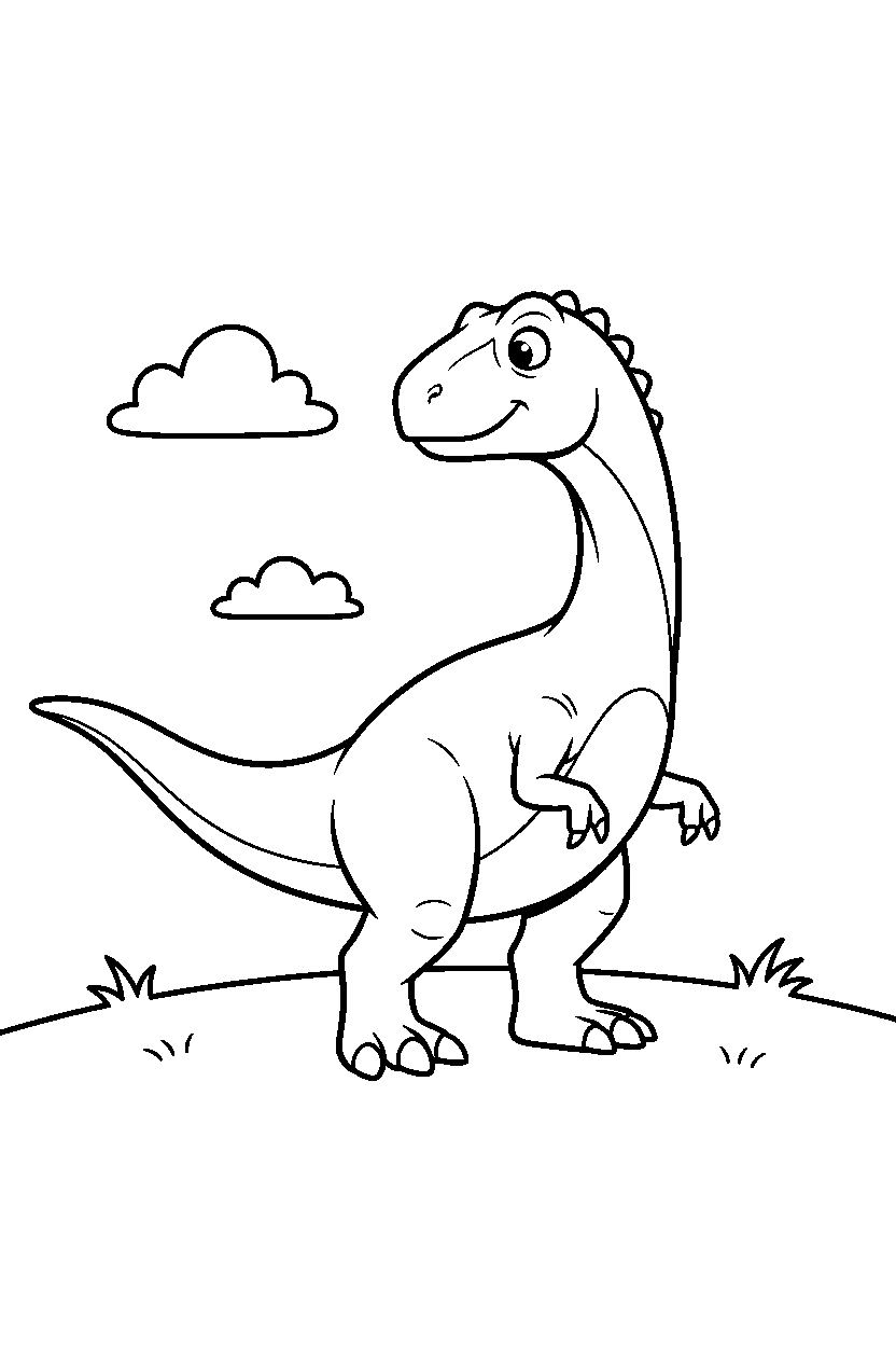 allosaurus dinosaur looking around curiously near a grassy hill line art