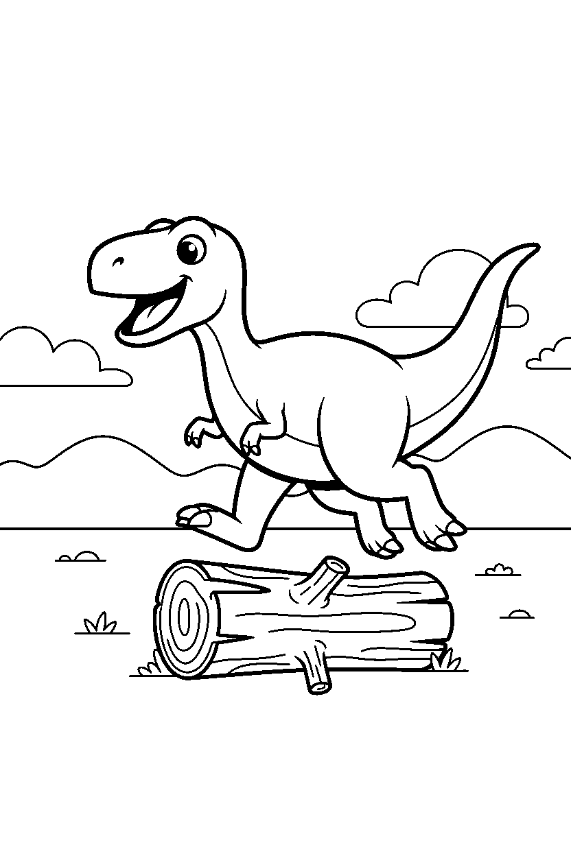 allosaurus dinosaur running happily near a fallen log line art