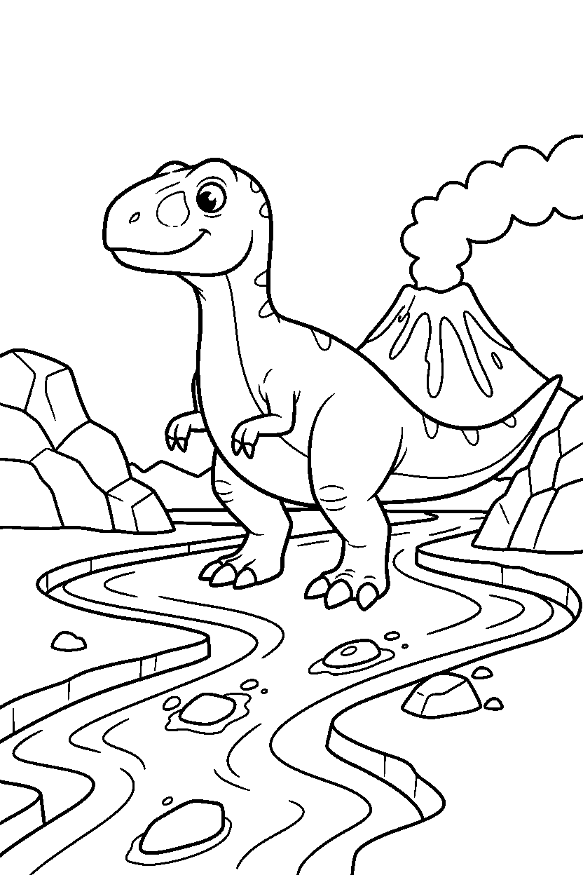 allosaurus dinosaur standing calmly near a lava stream line art