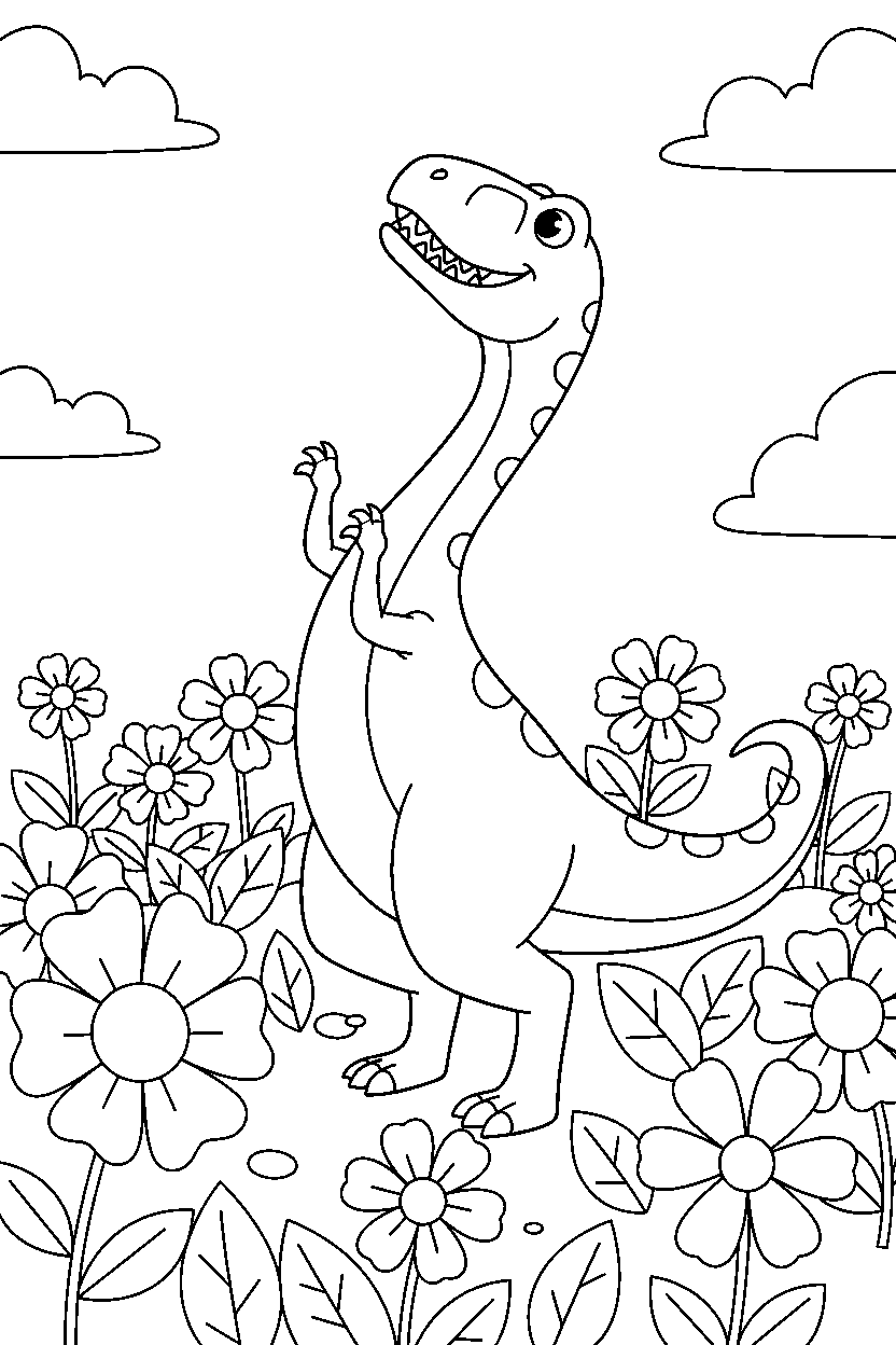 allosaurus dinosaur stretching playfully in a flower field line art