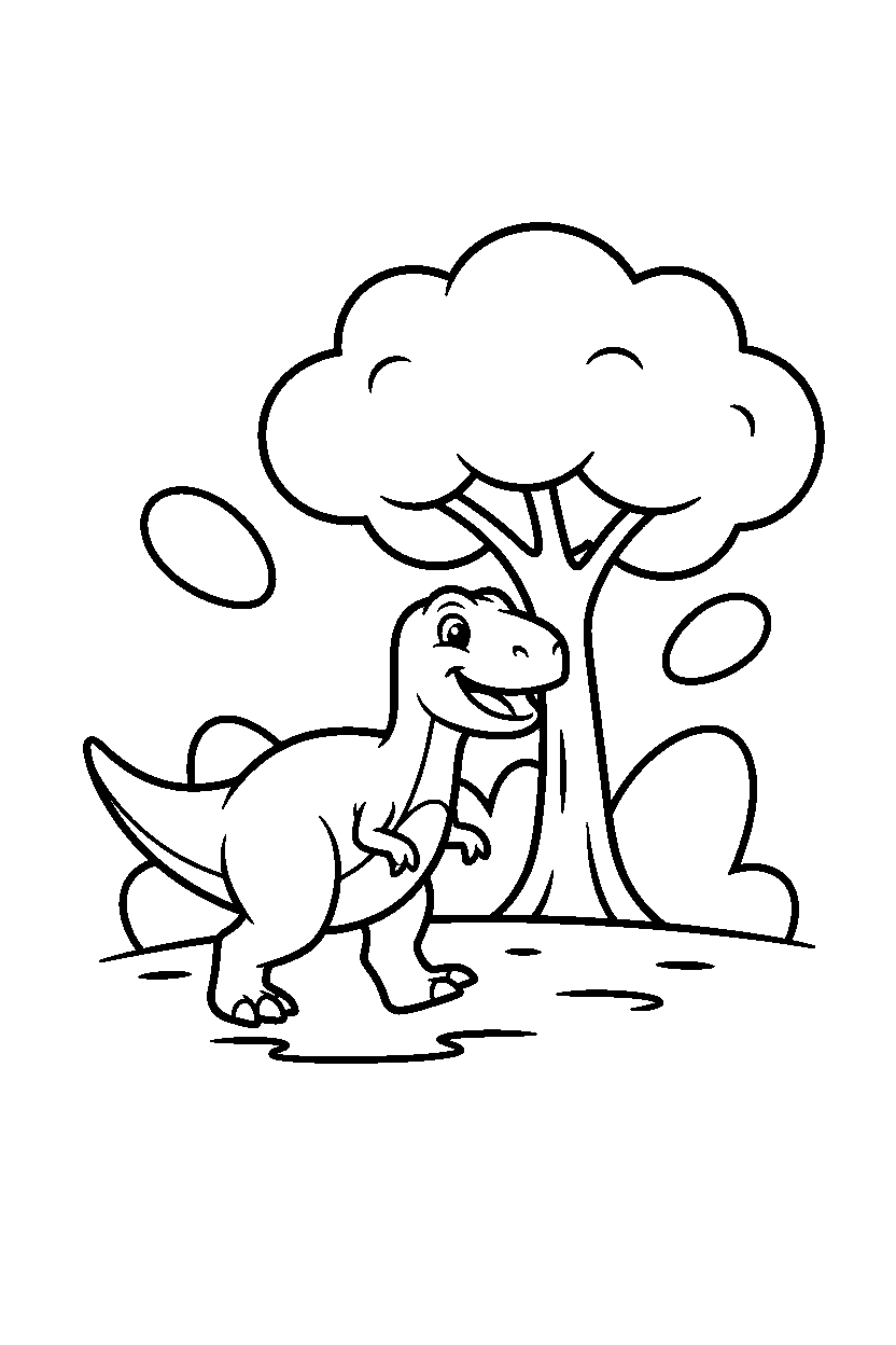 allosaurus dinosaur walking happily near a big tree line art