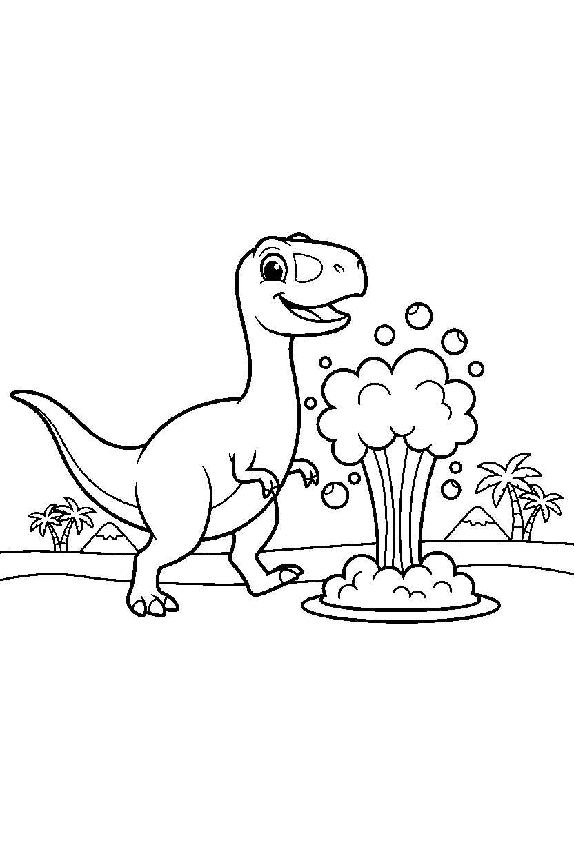 allosaurus dinosaur walking happily near a bubbling geyser line art