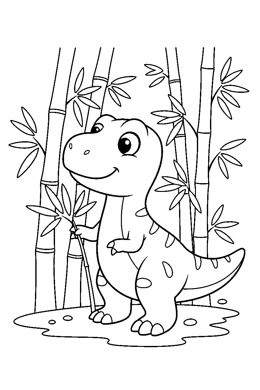 allosaurus exploring curiously in a bamboo forest line art