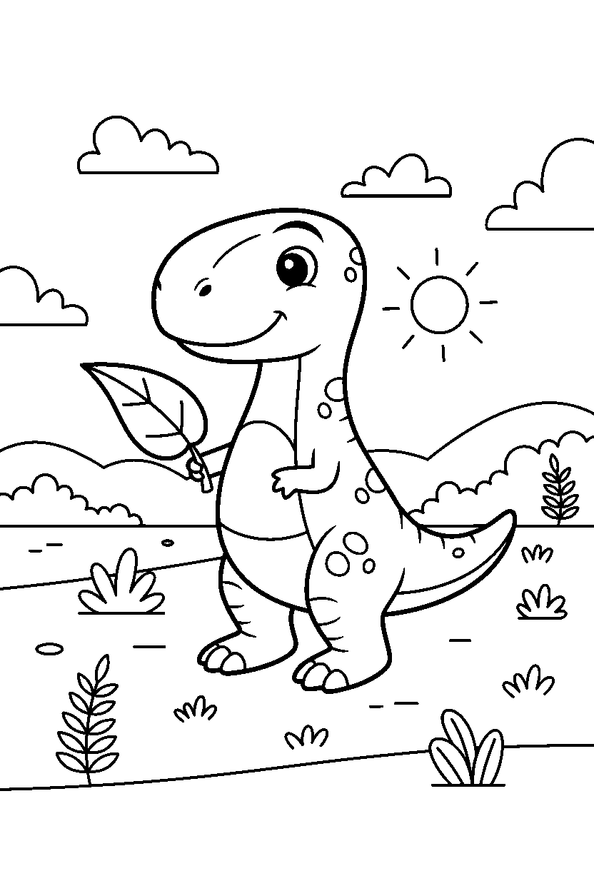 allosaurus holding a leaf on a wide grassland line art