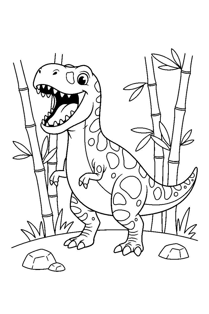 allosaurus roaring happily in a bamboo forest line art