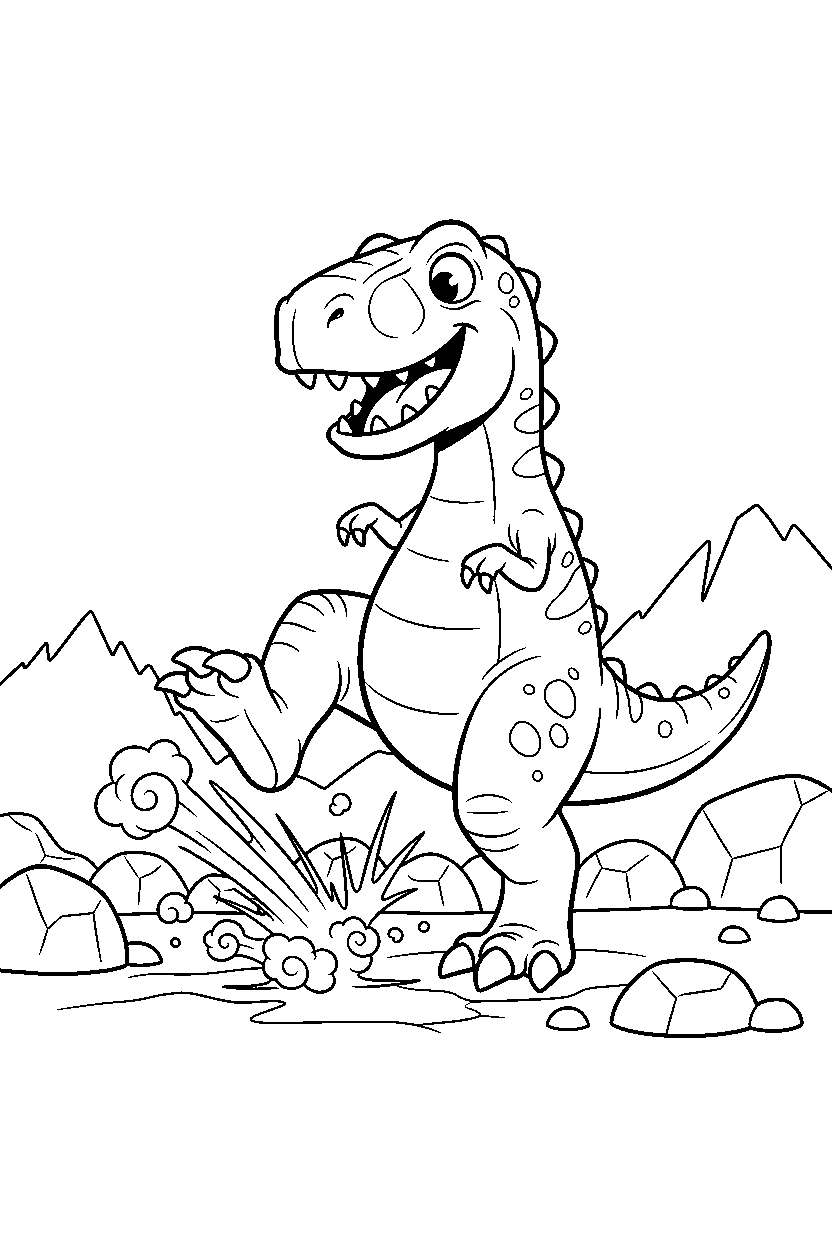 allosaurus stomping playfully in a rocky field line art