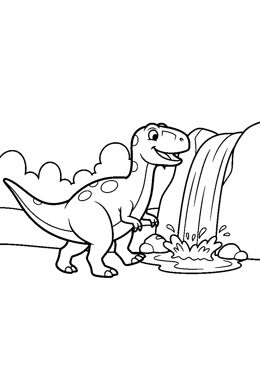 allosaurus walking happily near a waterfall line art
