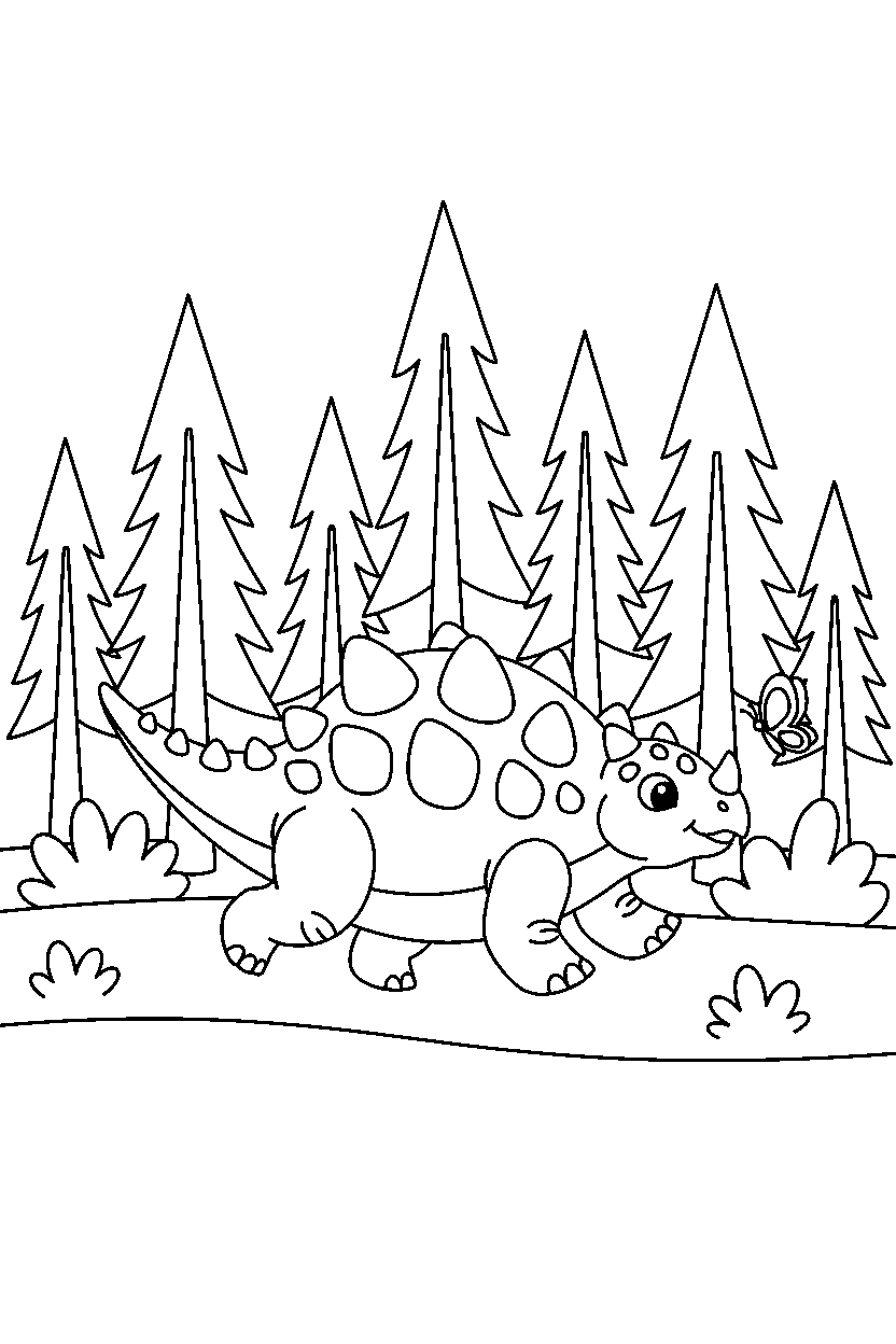 ankylosaurus dinosaur chasing a butterfly in a pine forest line art