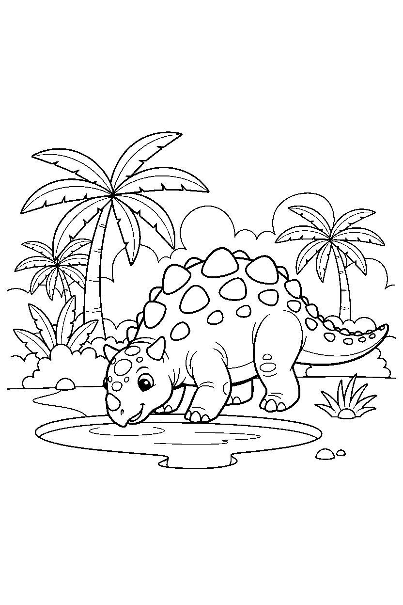 ankylosaurus dinosaur drinking water near a jungle clearing line art