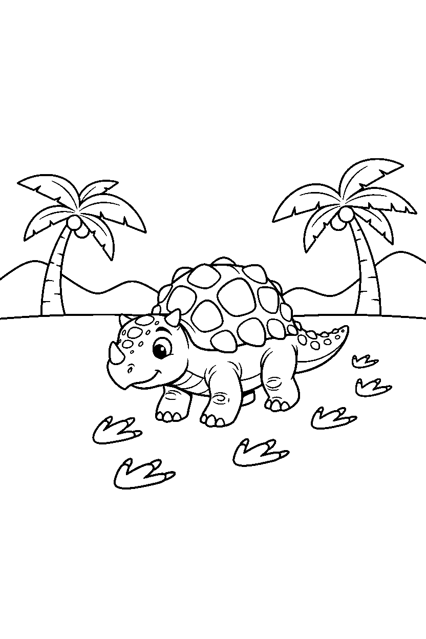 ankylosaurus dinosaur exploring curiously near dinosaur footprints line art