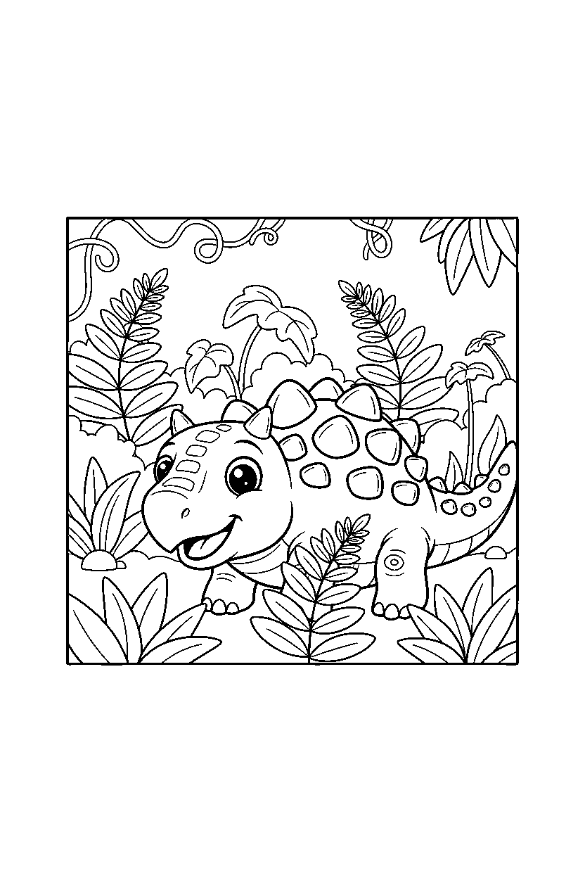 ankylosaurus dinosaur hiding playfully in a prehistoric jungle line art