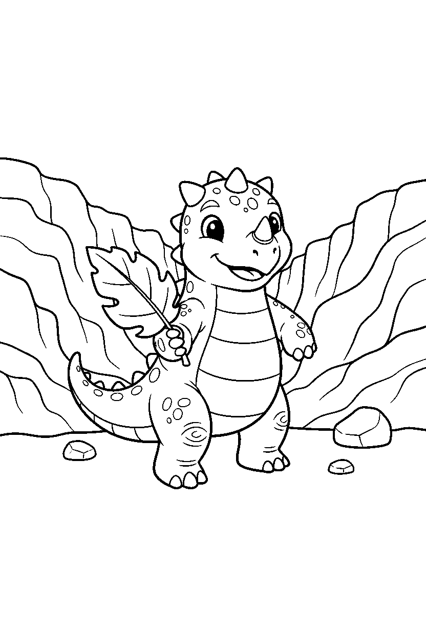 ankylosaurus dinosaur holding a leaf near a rocky canyon line art