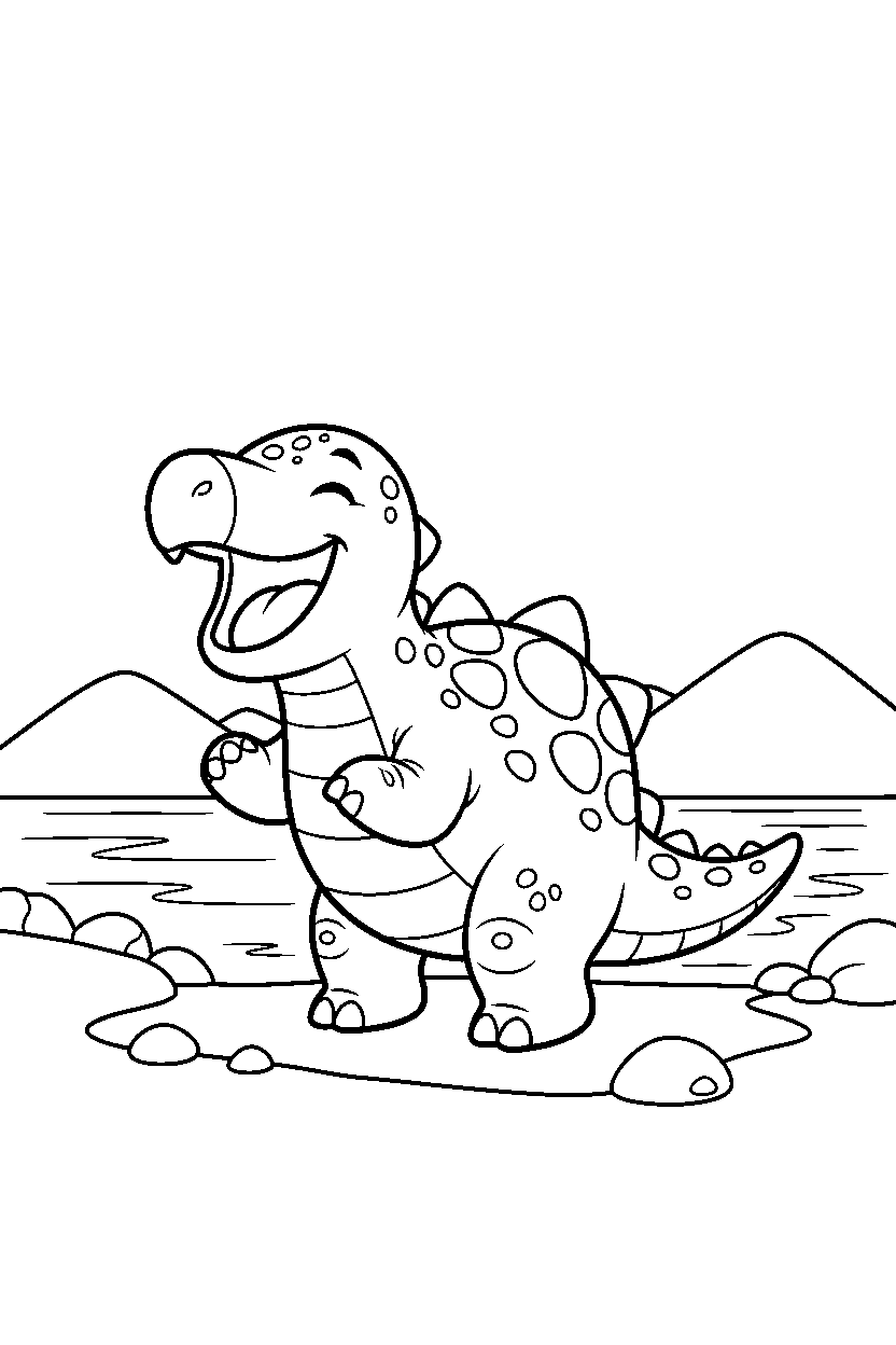 ankylosaurus dinosaur laughing playfully near a mountain lake line art