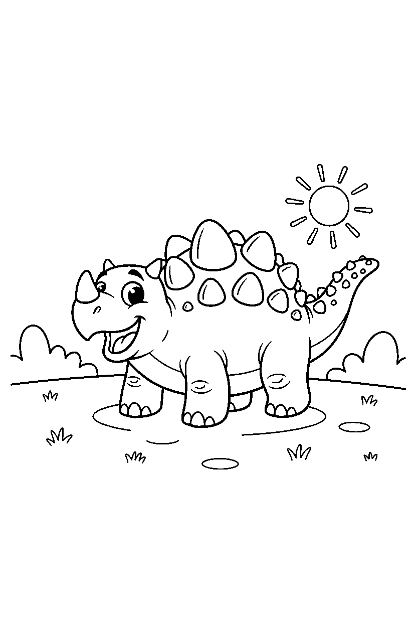 ankylosaurus dinosaur posing happily on a wide grassland line art