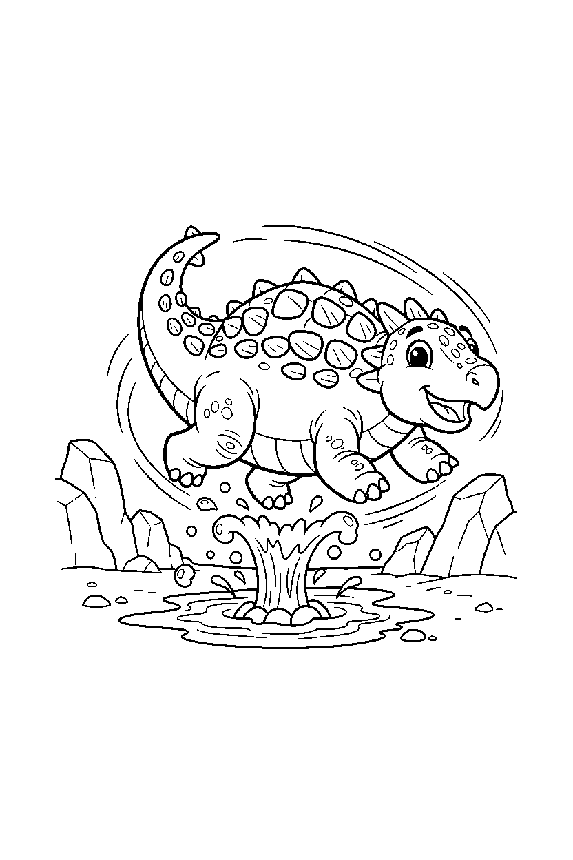 ankylosaurus dinosaur spinning playfully near a bubbling geyser line art