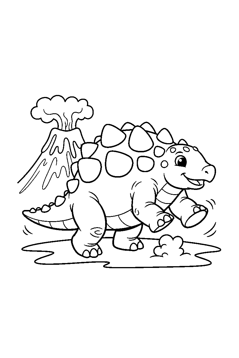 ankylosaurus dinosaur stomping playfully near a volcano line art