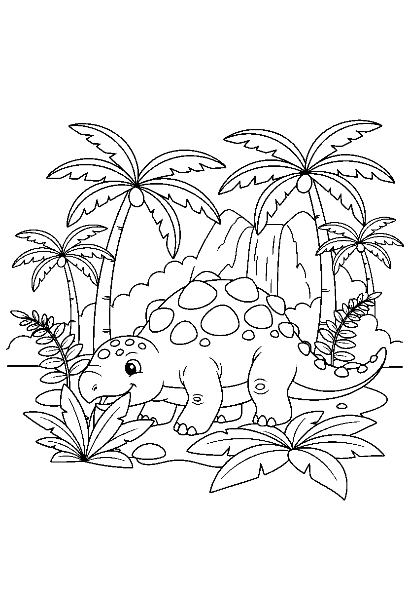 ankylosaurus eating a plant near a jungle clearing line art