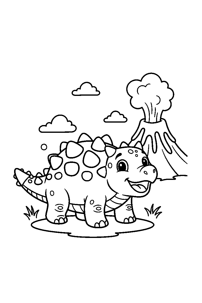 ankylosaurus making a happy face near a volcano line art