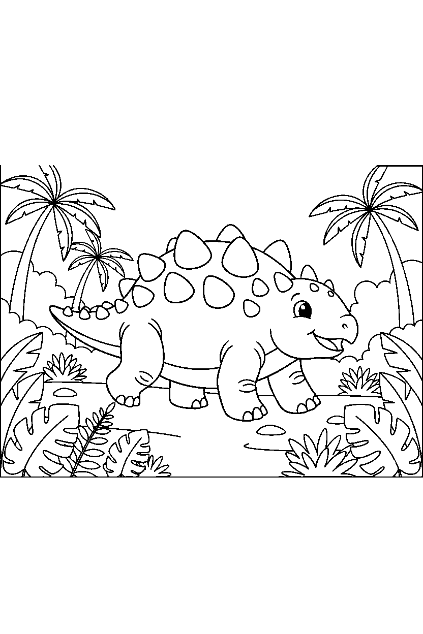 ankylosaurus marching playfully on a jungle trail line art