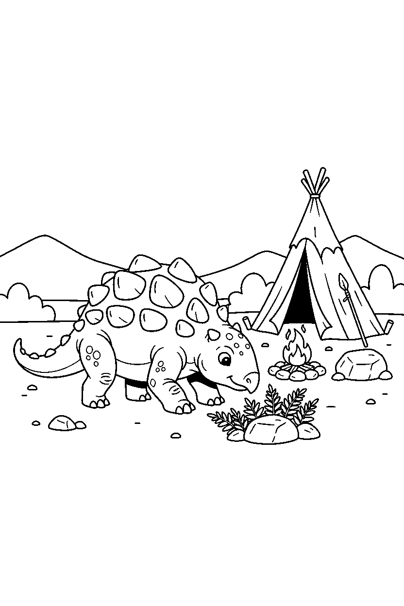ankylosaurus searching for food near a prehistoric camp line art
