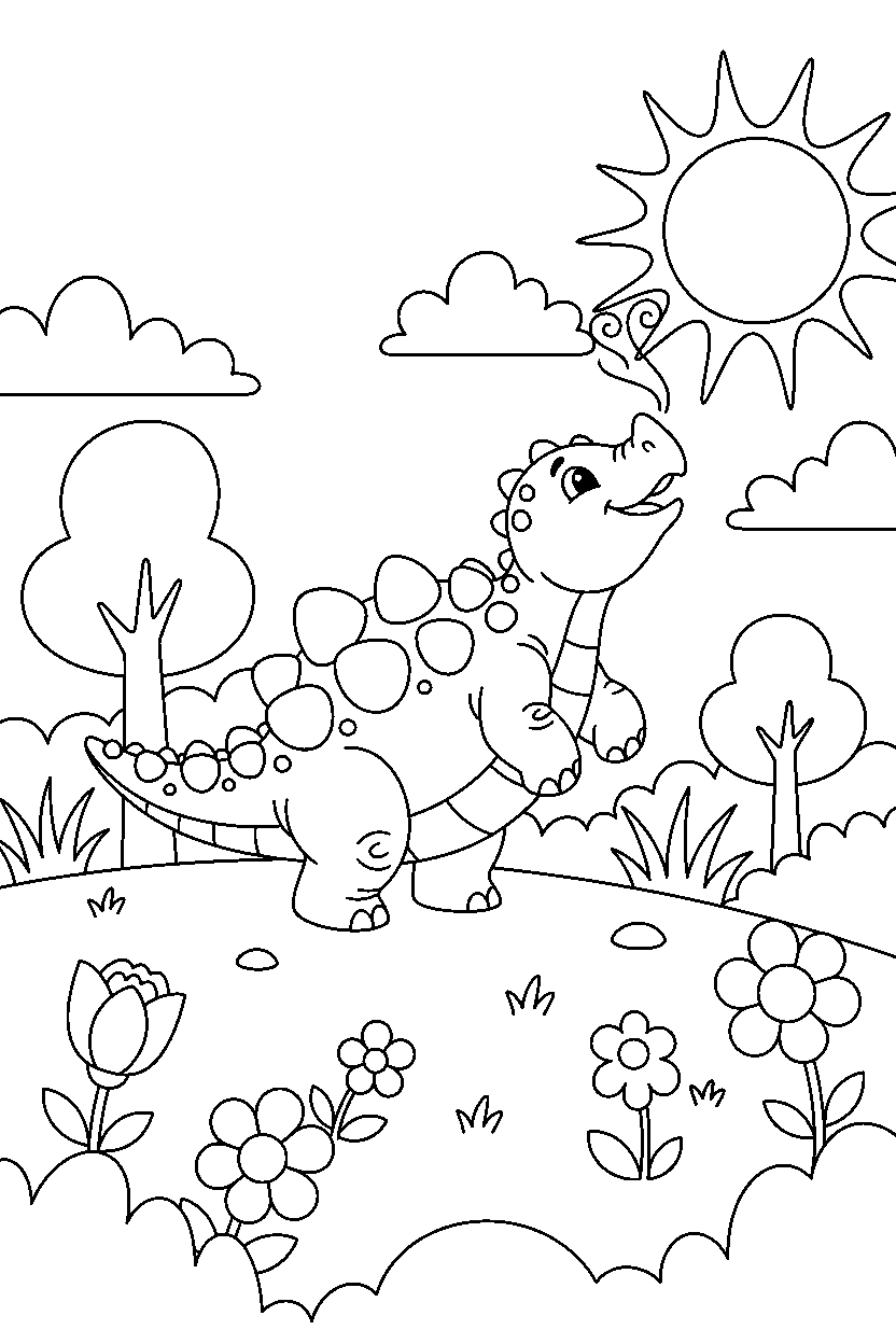 ankylosaurus sniffing the air in a sunny meadow line art