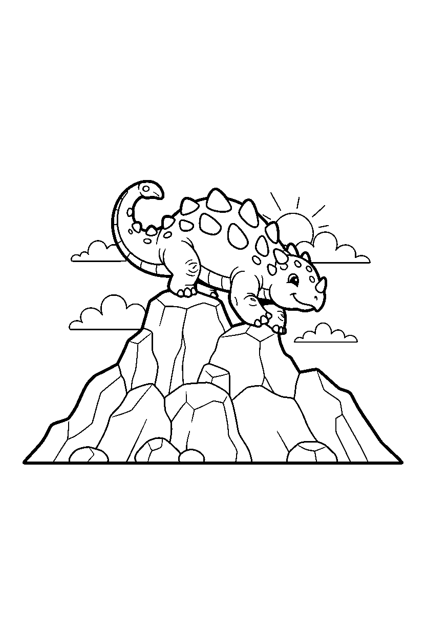 ankylosaurus stretching playfully on a rocky mountain line art