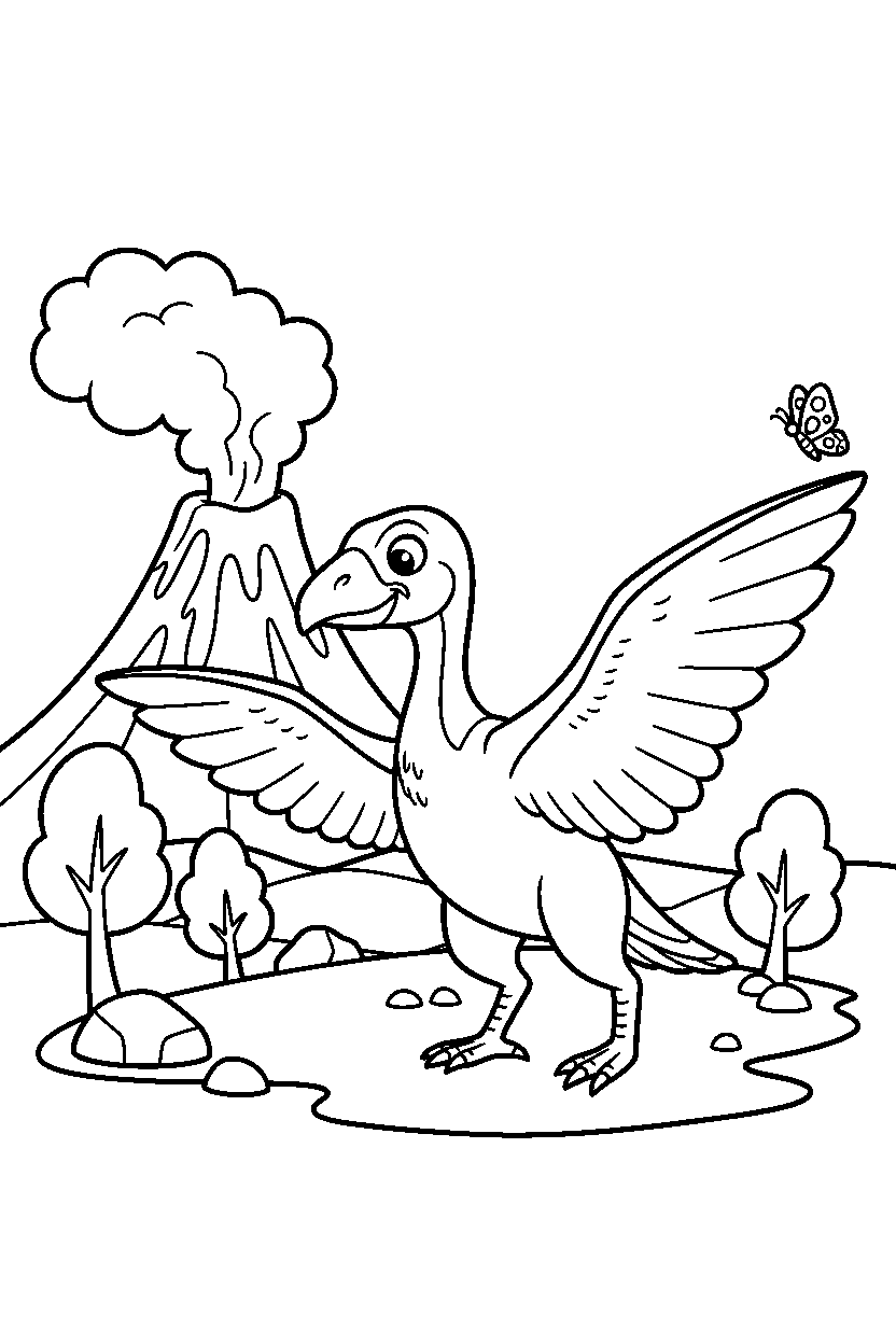 archaeopteryx looking at a butterfly near a volcano line art