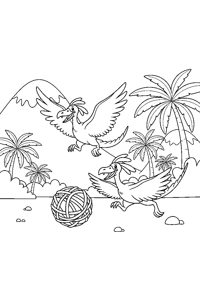 archaeopteryx playing with a friend in a warm prehistoric valley line art